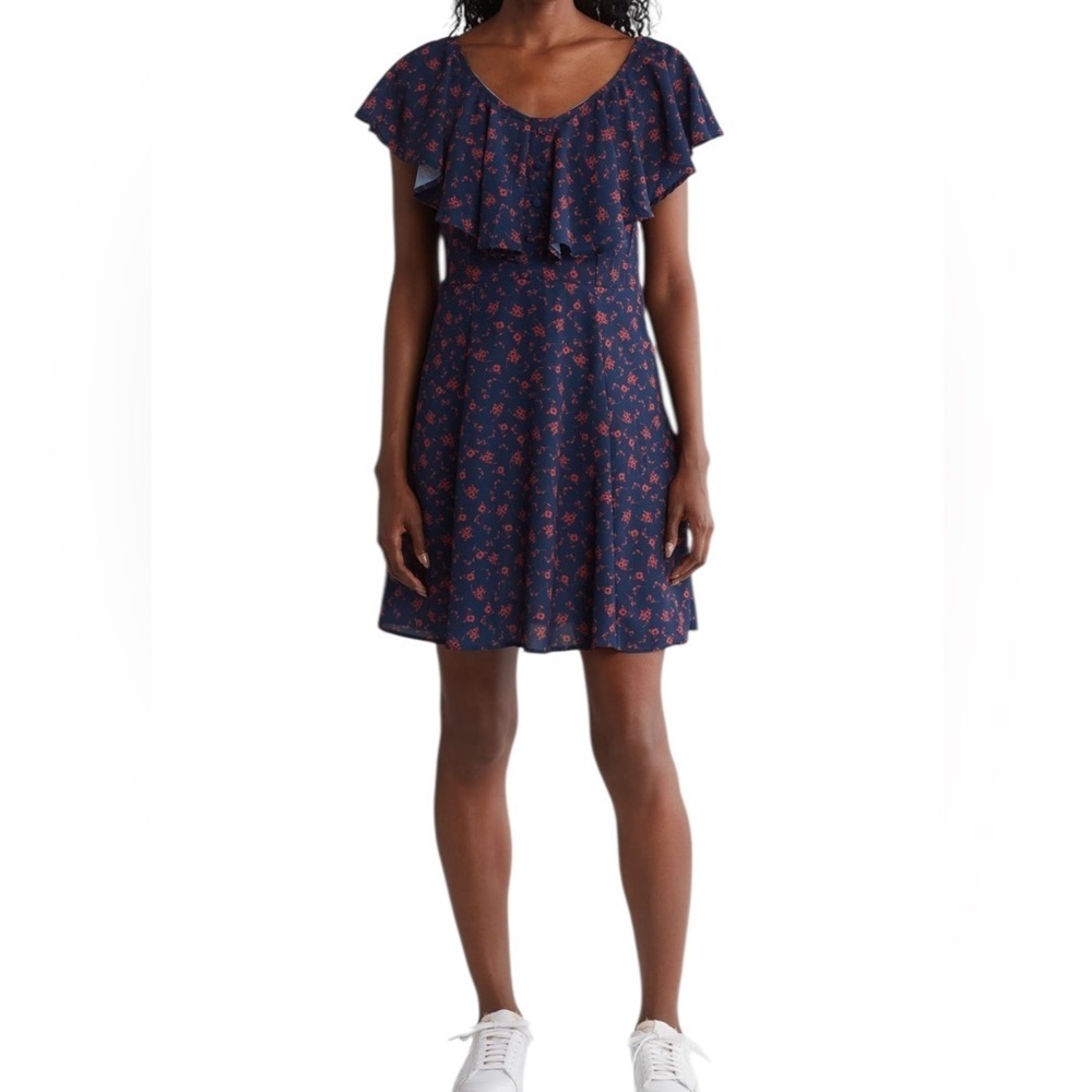 Wishlist Apparel Navy Blue Floral Ruffle Mini Dress Size L (NWT )